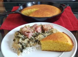Cabbage mixed with Collard Greens and Cast Iron Skillet Cornbread