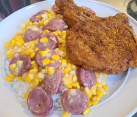 Corn and Rice with Fried Pork chop