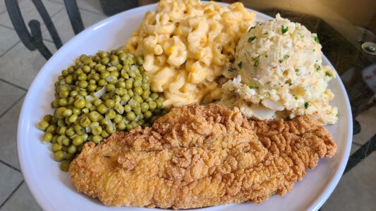 Fried Catfish baked macaroni green peas and potato salad (2025 version)
