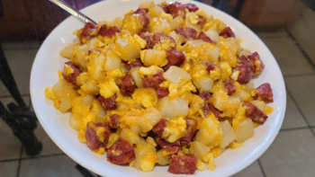 Smoked sausage potato egg and cheese breakfast bowl