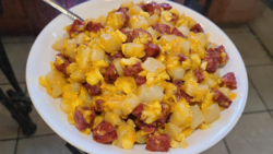 Smoked sausage potato egg and cheese breakfast bowl