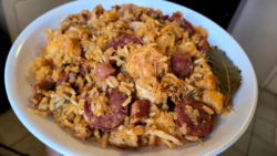 This traditional creole-style combination Jambalaya consists of chicken thighs, chicken breasts, smoked sausage, Tasso pork, shrimp, tomatoes, long grain rice, seasonings herbs and spices cooked down in both chicken and seafood stock until tender.